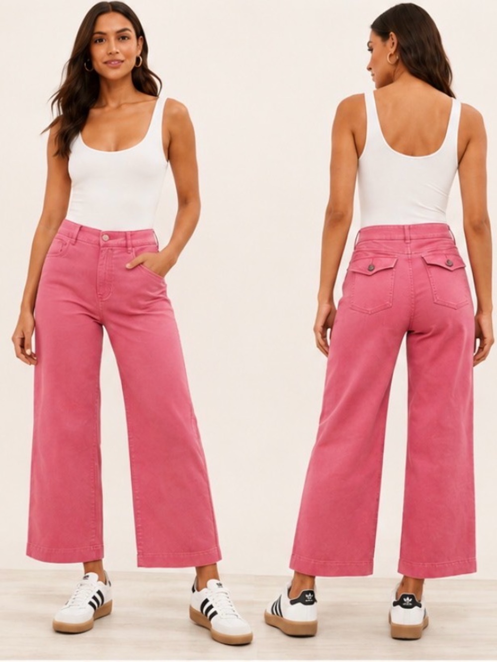 SPANX Wide Leg Cropped Pants S High Rise Stretch pink Twill Barbieore Coastal